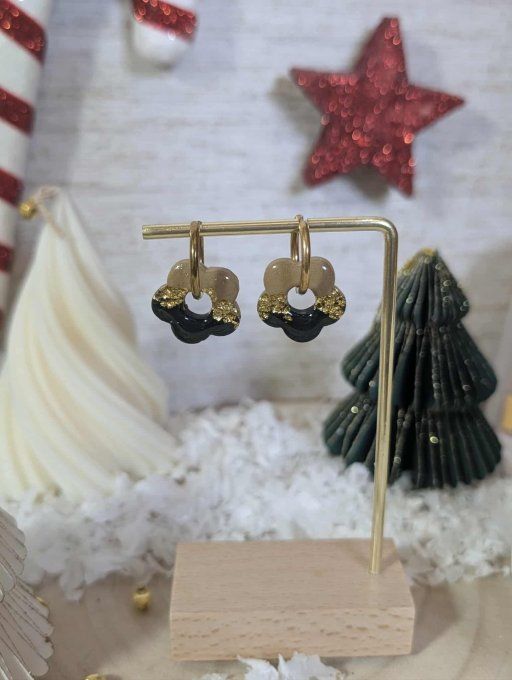 Boucles d'oreilles Fleurs bicolores dorées (créoles + pampilles)