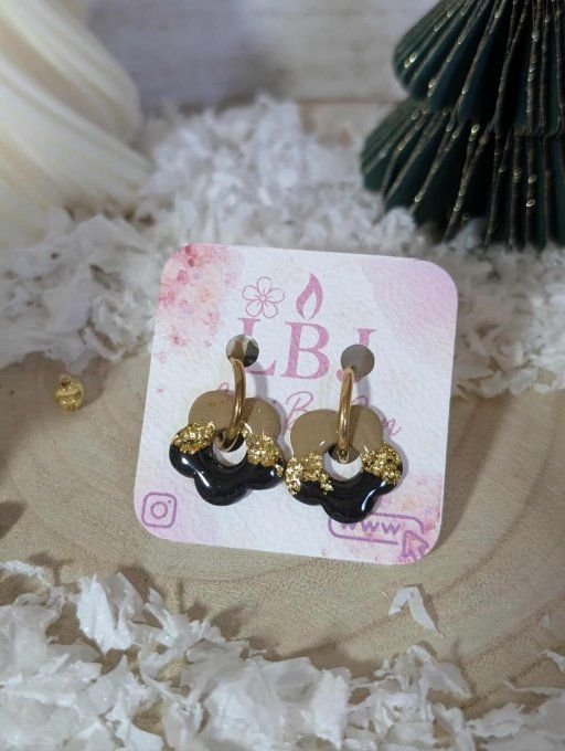 Boucles d'oreilles Fleurs bicolores dorées (créoles + pampilles)