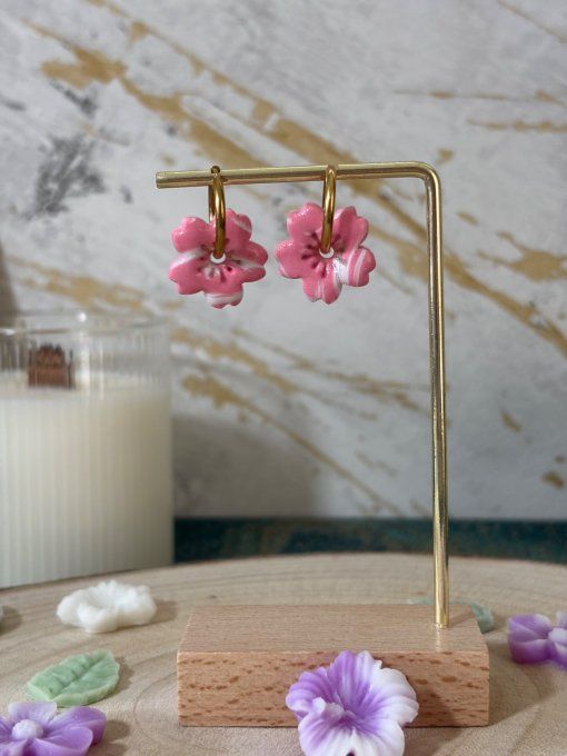 Boucles d'oreilles Fleurs de cerisier roses et blanches