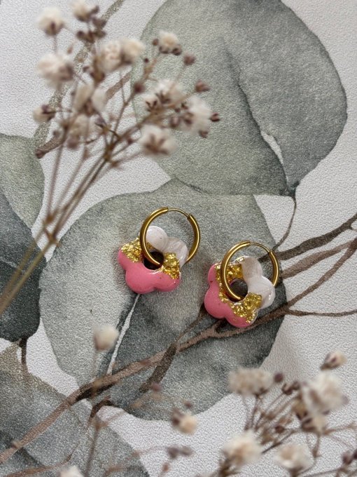Boucles d'oreilles Fleurs bicolores dorées